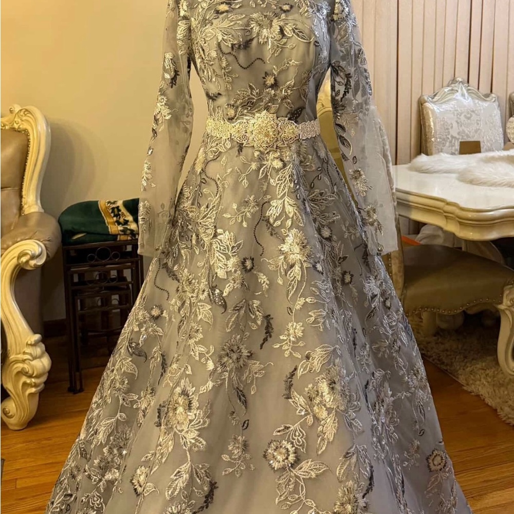 Elegant Gray Floral Embroidered Dress